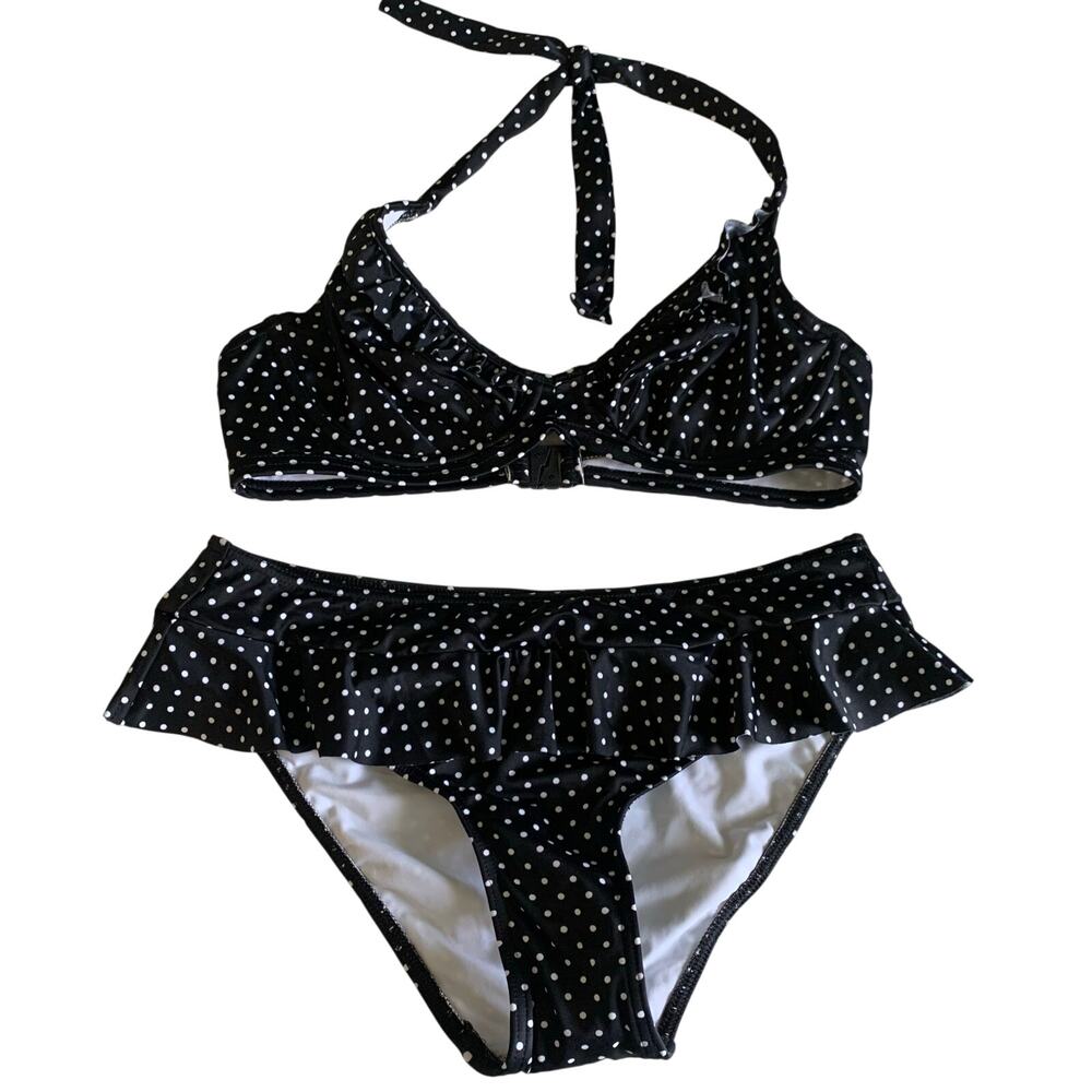 FREYA Bikini Swimsuit 34D Halter w/Underwire & Ruffle‎ Brief w/Ruffle Polka Dot